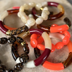 Bracelet jonc élastiqué MARACA 1 - Corail orange écaille blanc & léopard