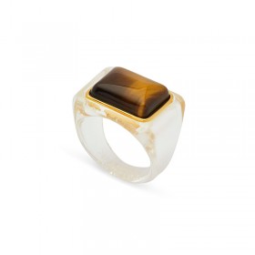 Bague large TIGER EYE résine TRANSPARENTE - Cabochon rectangle Oeil de Tigre - Lucas Jack
