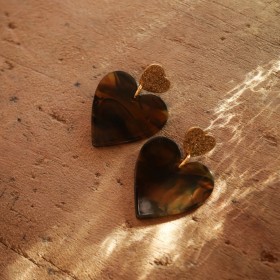 Boucles d'oreilles pendantes MAE dorée - Coeur acétate écaille - Azéria