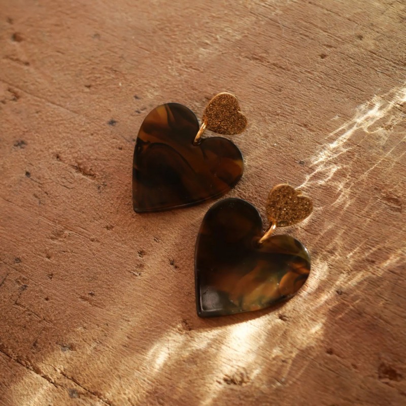 Boucles d'oreilles pendantes MAE dorée - Coeur acétate écaille - Azéria