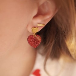 Boucles d'oreilles pendantes MINI MAE dorée - Coeur acétate rouge pailleté - Azéria