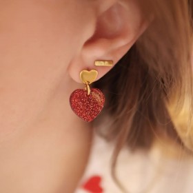 Boucles d'oreilles pendantes MINI MAE dorée - Coeur acétate rouge pailleté - Azéria