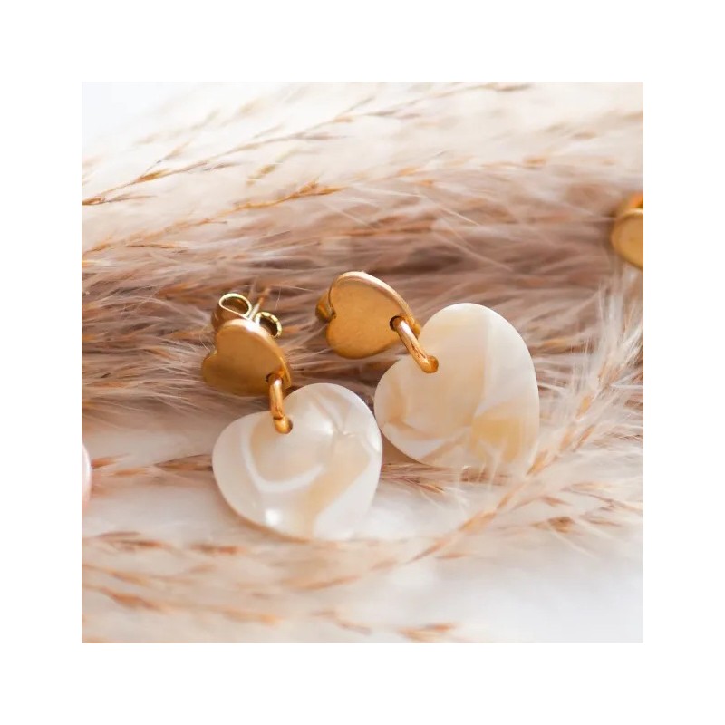 Boucles d'oreilles pendantes MINI MAE - Coeur doré & coeur en nacre AZERIA