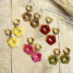 Boucles d'oreilles créoles ANA dorée - Fleur résine marron marbré