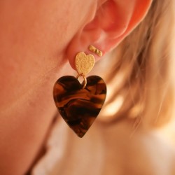 Boucles d'oreilles pendantes MAE - Coeur pailleté doré & Coeur écaille