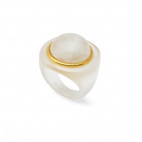 Bague large MOONSTONE résine blanc transparent - Cabochon rond Blanc Pierre de Lune LUCAS JACK