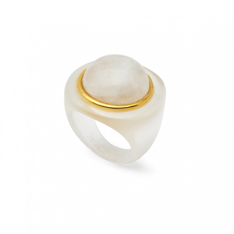 Bague large MOONSTONE résine blanc transparent - Cabochon rond Blanc Pierre de Lune LUCAS JACK