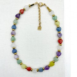 Collier URIA Coeurs multicolores - Pierres semi-précieuses & Hématites dorées