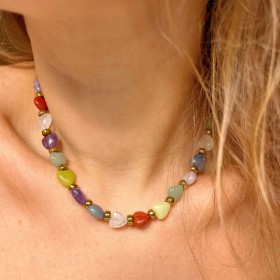Collier URIA Coeurs multicolores - Pierres semi-précieuses & Hématites dorées  MAISON 91