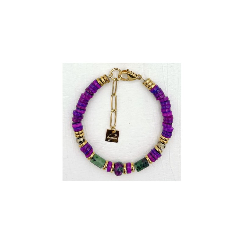 Bracelet URSIO IRIS doré - Coquillage violets rubis zoisites & Hématites MAISON 91