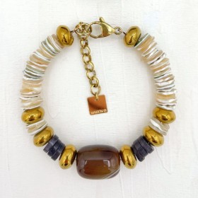 Bracelet TOINON IVOIREJonc acier doré - Coquillage Pierre marron & Hématite - Maison 91