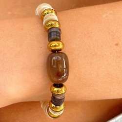 Bracelet TOINON IVOIREJonc acier doré - Coquillage Pierre marron & Hématite