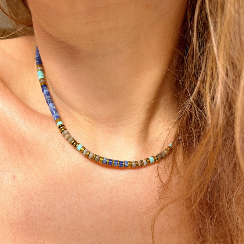 Collier SILAS SODALITE - Pierres semi-précieuses & Hématites dorées - Maison 91