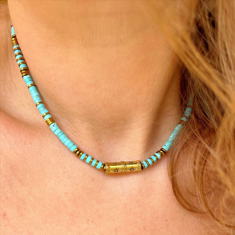 Collier SVEN TURQUOISE - Pierres semi-précieuses & Hématites dorées - Maison 91