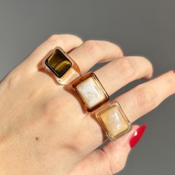 Bague large TIGER EYE résine TRANSPARENTE - Cabochon rectangle Oeil de Tigre TAILLE 55