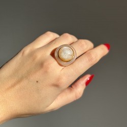 Bague large MOONSTONE résine ECAILLE - Cabochon rond Blanc TAILLE 58