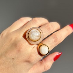 Bague large MOONSTONE résine ECAILLE - Cabochon rond Blanc TAILLE 58