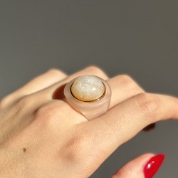 Bague large MOONSTONE résine ECAILLE - Cabochon rond Blanc TAILLE 58