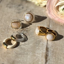 Bague large MOONSTONE résine ECAILLE - Cabochon rond Blanc TAILLE 58