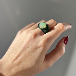 Bague large OXIDISED résine VERTE - Cabochon ovale Jade Semi Opaque TAILLE 58