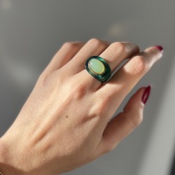 Bague large OXIDISED résine VERTE - Cabochon ovale Jade Semi Opaque TAILLE 58