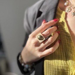 Bague large IVORY résine crème - Cabochon rond doré TAILLE 56