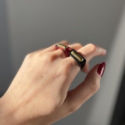 Bague BLACK résine NOIRE - Décor rectangulaire doré TAILLE 52