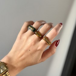 Bague TORTOISE SHELL résine ECAILLE - Decor rectangulaire doré TAILLE 54