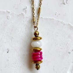 Collier LORETTE PINK chaîne dorée - Coquillages teints, Jade & Hématites