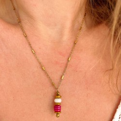 Collier LORETTE PINK chaîne dorée - Coquillages teints, Jade & Hématites MAISON 91
