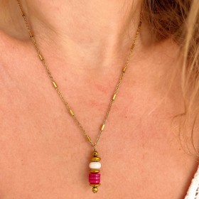 Collier LORETTE PINK chaîne dorée - Coquillages teints, Jade & Hématites MAISON 91