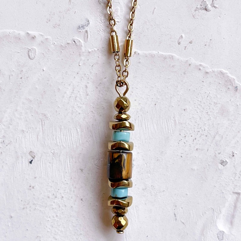 Collier LORETTE TURQUOISE chaîne dorée - Turquoises Oeil de Tigre & Hématites