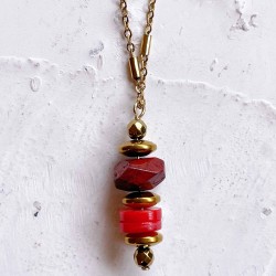 Collier LORETTE PIMENT chaîne dorée - Coquillages Jaspe rouge & Hématites MAISON 91