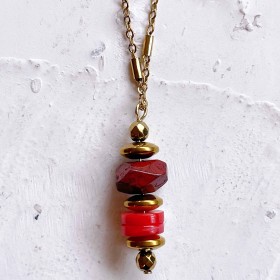 Collier LORETTE PIMENT chaîne dorée - Coquillages Jaspe rouge & Hématites MAISON 91