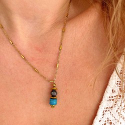 Collier LORETTE LAGON chaîne dorée - Coquillages turquoise Labradorite & Hématites