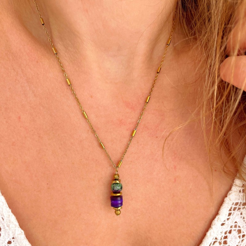 Collier LORETTE IRIS chaîne dorée - Coquillages violet Rubis zoisites & Hématites MAISON 91
