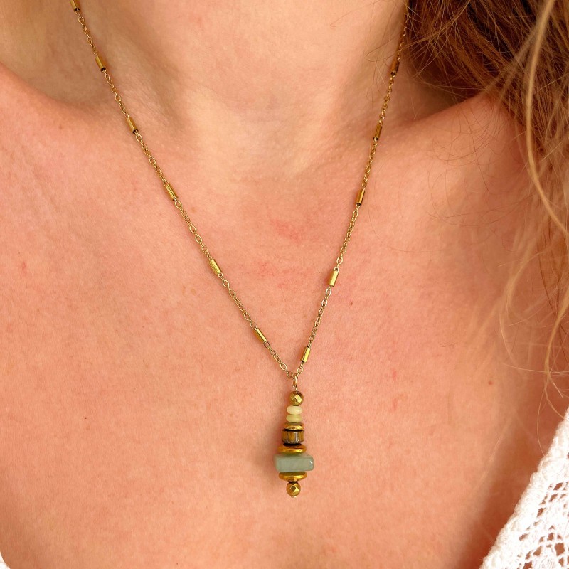 Collier LORETTE CITRON chaîne dorée - Aventurine Oeil de Tigre Jades citron & Hématites MAISON 91