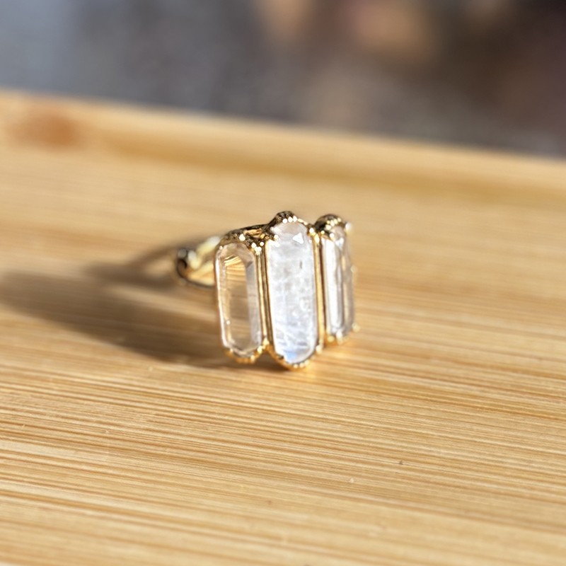 Bague ajustable Or - Trois Pierres barrettes Pierre de Lune & Cristal de Roche