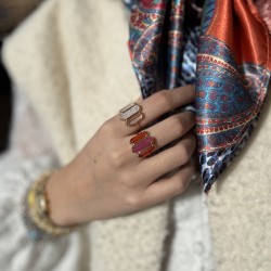 Bague ajustable Or - Trois Pierres barrettes Pierre de Lune & Cristal de Roche