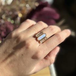 Bague ajustable Or - Trois Pierres barrettes Pierre de Lune & Cristal de Roche - Au Fil de Lo