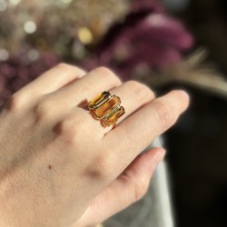 Bague ajustable Or - Trois Pierres barrettes Quartz beer - Au Fil de Lo