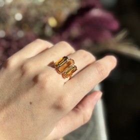 Bague ajustable Or - Trois Pierres barrettes Quartz beer - Au Fil de Lo