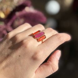 Bague ajustable Or - Trois Pierres barrettes Quartz fraise & Tourmalines