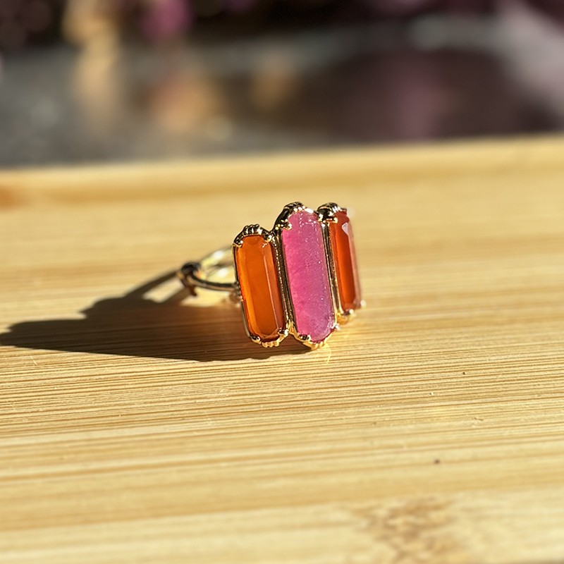 Bague ajustable Or - Trois Pierres barrettes Quartz fraise & Tourmalines - Au Fil de Lo