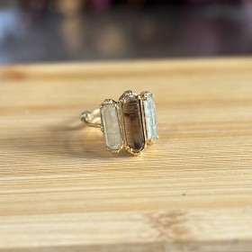 Bague ajustable Or - Trois Pierres barrettes Quartz fumé & Préhnites - Au Fil de Lo