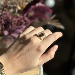 Bague ajustable Or - Trois Pierres barrettes Quartz fumé & Préhnites