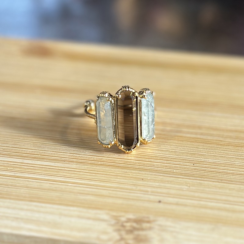 Bague ajustable Or - Trois Pierres barrettes Quartz fumé & Préhnites