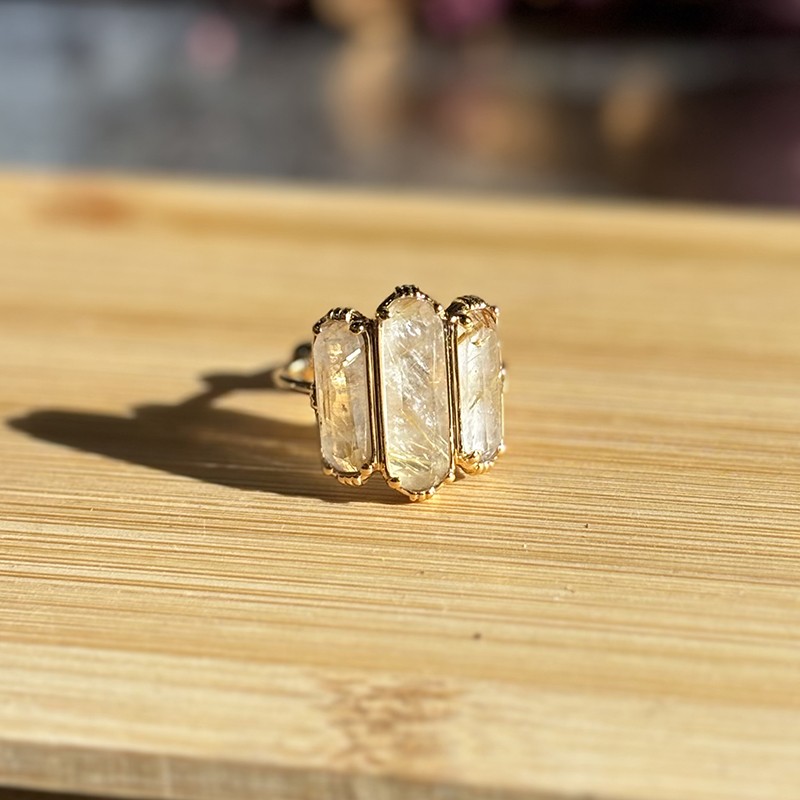 Bague ajustable Or - Trois Pierres barrettes Quartz rutile - Au Fil de Lo
