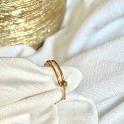 Bague ajustable Or - Oeil de Tigre ovale & Quartz rutile rectangle