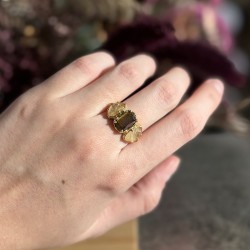 Bague ajustable Or - Oeil de Tigre ovale & Quartz rutile rectangle